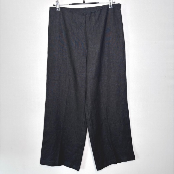 Eileen Fisher Irish Linen Pants Size L Wide Leg Crop Black Side Zip - Picture 8 of 8